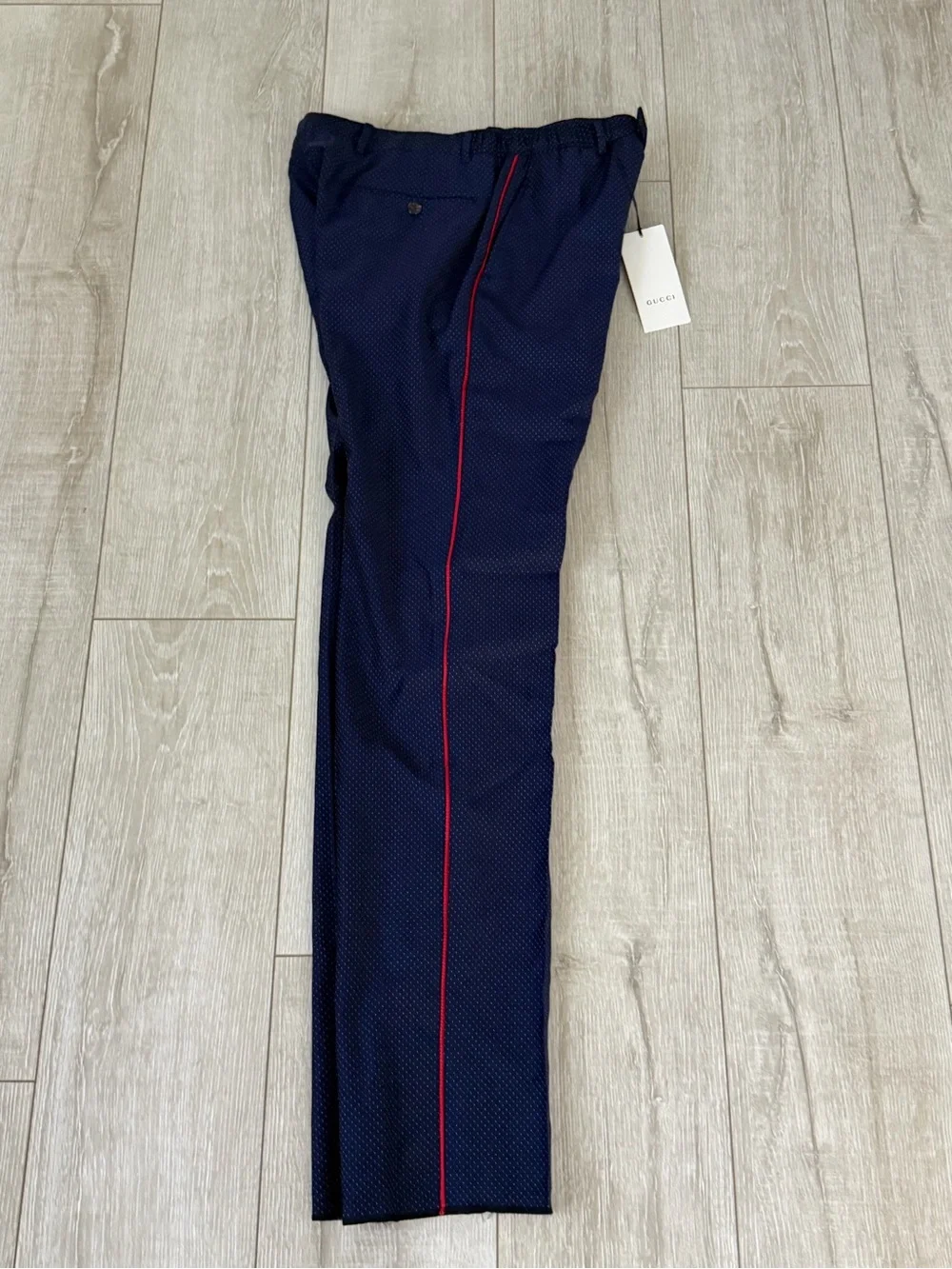 Gucci Navy polka dot Dress Pants with Red Side Stripe men 48 authentic